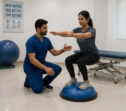 Rehabilitation gym with exercise equipment and balance balls at Dr. Harish Kumawat Physio Hospital Kuchaman